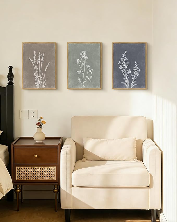 Drsoum Vintage Boho Flower Wall Art Framed Retro Botanical Floral Wall Prints Wildflower Neutral Rustic Bohemain Artwork Bedroom Ready to Hang 11x14in Natural Framed