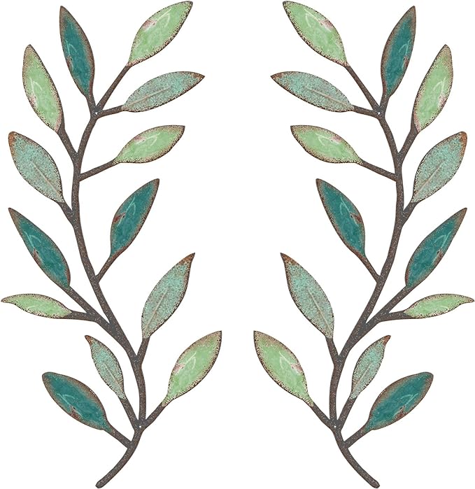 Zhengmy 2 Pieces Metal Tree Leaf Wall Decor Vine Olive Branch Leaf Wall Art Living Room, Hallway Wall Decor Outdoor Decoration(Gradient Green)