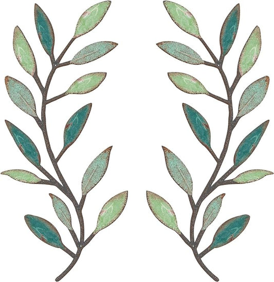 Zhengmy 2 Pieces Metal Tree Leaf Wall Decor Vine Olive Branch Leaf Wall Art Living Room, Hallway Wall Decor Outdoor Decoration(Gradient Green)