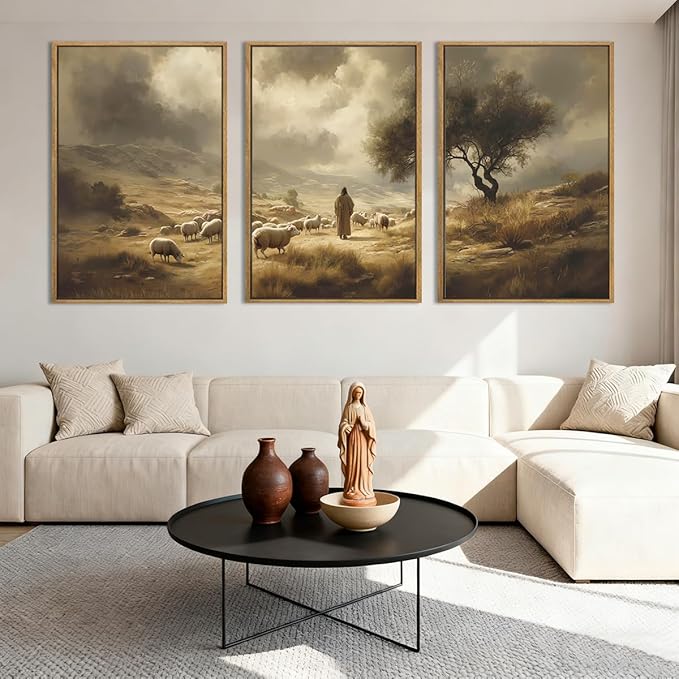 HPNIUB Jesus Leaves the 99 Sheep Framed Wall Art Set,Lost Lamb Religious Wall Decor,Neutral Christian Scripture Art Print,Vintage Inspiring Good Shepherd Artwork for for Church Room Christian Faith Gift-16''x24''x3
