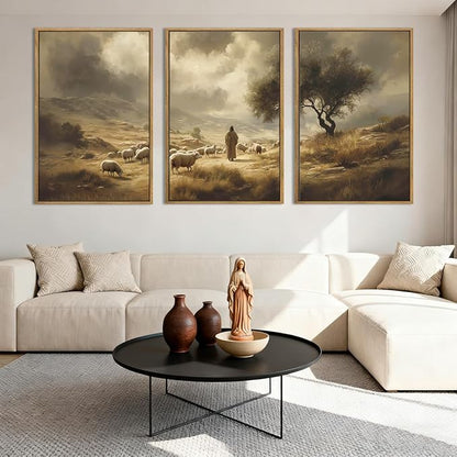 HPNIUB Jesus Leaves the 99 Sheep Framed Wall Art Set,Lost Lamb Religious Wall Decor,Neutral Christian Scripture Art Print,Vintage Inspiring Good Shepherd Artwork for for Church Room Christian Faith Gift-16''x24''x3