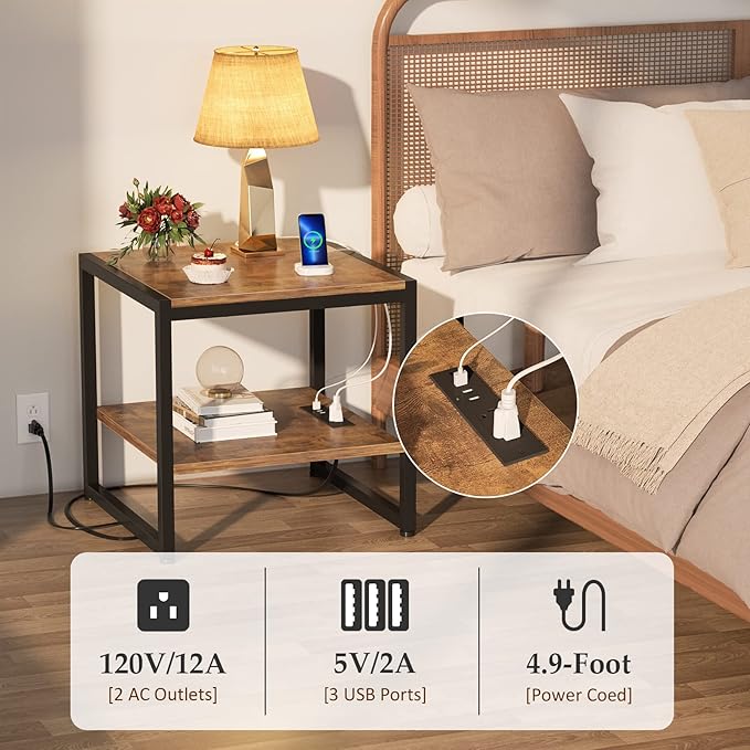 Homieasy End Table with Charging Station, 20" Mini Fridge Stand with Power Outlets, Heavy Duty Side Table for Living Room, Small Table Stand & Fridge Table, Rustic Brown, 2 Pack
