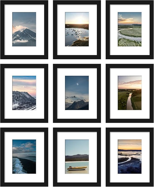 Wiscet 8x10 Picture Frame Set of 9, Display Pictures 5x7 with Mat or 8 x 10 Without Mat, Photo Frame for Wall Mounting or Tabletop, Black