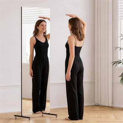 brisafe 71" x 24" Full Length Rolling Floor Mirror on Lockable Wheels, Rectangular Shatter-Resistant Safety Glass, for Home Dance Studio & Yoga, Black Metal Frame and Stand