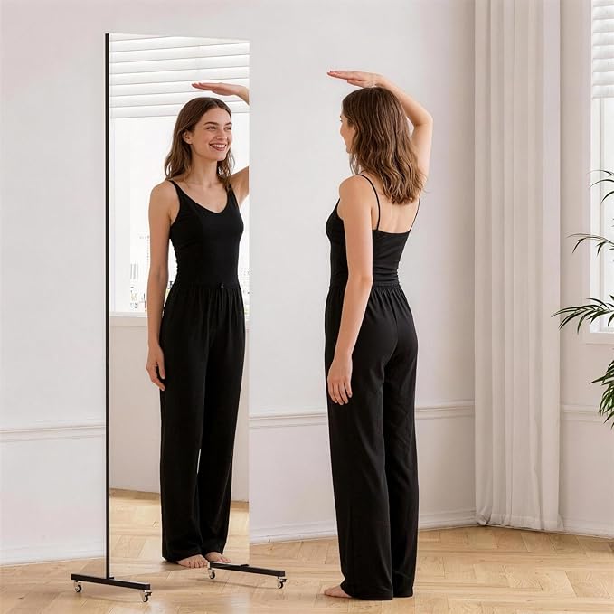 brisafe 70" x 22" Full Length Rolling Floor Mirror on Lockable Wheels, Rectangular Shatter-Resistant Safety Glass, for Home Dance Studio & Yoga, Black Metal Frame and Stand