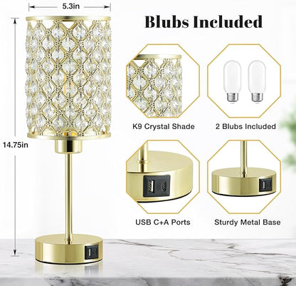 GyroVu Crystal Table Lamps Set of 2, Gold Touch Lamp for Nightstand with USB C+A Ports, Dimmable Small Bedside Lamp with Crystal Shade, End Table Desk Lamps for Bedroom, Living Room(Buld Included)