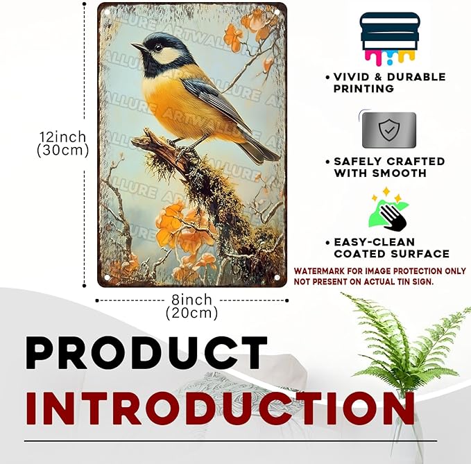 Metal Chickadee Bird Vintage Tin Sign for Home Living Room Kitchen Garden Bedroom Office Hotel Cafe And Pub Decoration 8x12inch