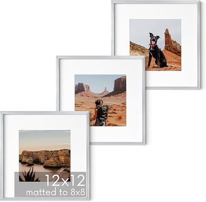 HAUS AND HUES 12x12 Silver Metal Picture Frames Matted to 8x8 - Features Premium Aluminum & Hanging Hardware, Shatterproof Plexiglass - Ideal for Home, Room, Office (12x12 in, Silver, Set of 3)