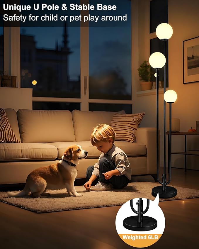 63IN 3-Light Dimmable Floor Lamp, Unique Black Tall Standing Lamps with 3000K Bulbs for Reading, Mid Century Modern Floor Lamp with 5Lbs Heavy Base for Living Room Bedroom Office
