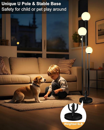 63IN 3-Light Dimmable Floor Lamp, Unique Black Tall Standing Lamps with 3000K Bulbs for Reading, Mid Century Modern Floor Lamp with 5Lbs Heavy Base for Living Room Bedroom Office