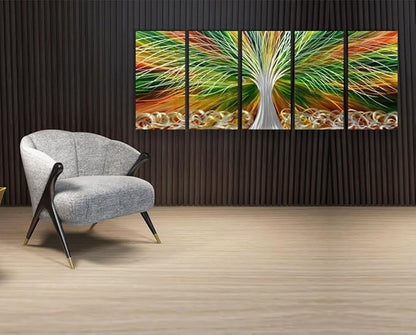 Yihui Arts Abstract Metal Wall Art - Tree Of Life Hand Crafted 5 Pieces Panels Large Big Unique 3D Aluminum Modern Contemporary Home Accent