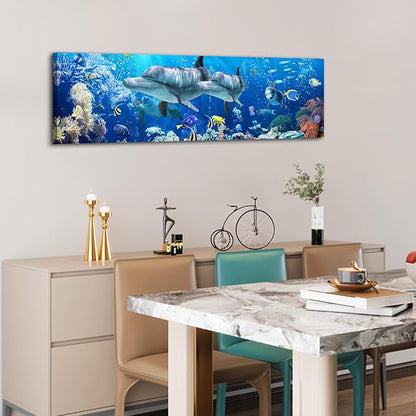 Ocean Dolphin Wall Art for Bathroom Nautical Theme Picture Photo Coastal Room Decor Nature Blue Seascape Painting Prints Under The Sea World Landscape Poster Artwork Living Room Home Decoration 14x48"