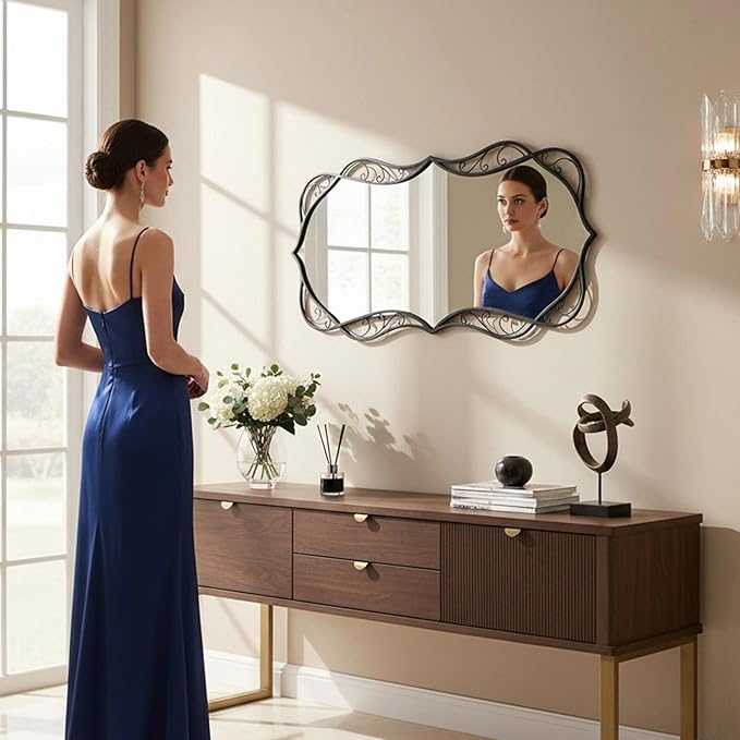 Besdomus Black Bathroom Wall Mirror: 24"x48" Scalloped Modern Large Vanity Mirror for Wall - Farmhouse Decorative Vertical or Horizontal Hanging - Wall Decor for Living Room/Entryway/Bathroom/Bedroom
