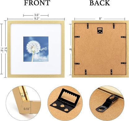 HEART ART 8x8 Gold Picture Frame Set of 9, Display Pictures 4x4 with Mat or 8 x 8 without Mat, Multi Collage Gallery Square Gold Photo Frames for Wall