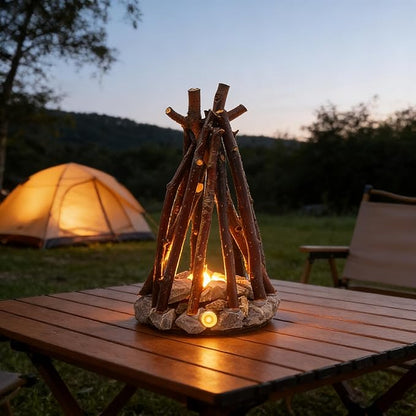 LED Campfire Light with Flame Sound - USB Rechargeable, 3 Modes, Realistic Flame & Stone Design, Creative Handcrafted Ambient Night Light for Holidays & Home Decor (M)