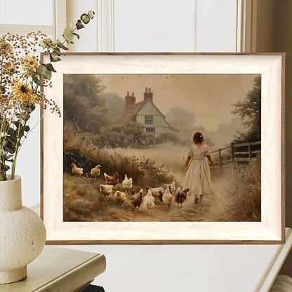 ASTRDECOR Framed Vintage Wall Art, Farmhouse Decor Girl Chicken Farm Canvas Painting Farmhouse Wall Decor, Vintage Rustic Artwork for Wall, Country Wall Decor for Kitchen Bedroom Living Room-12''x 16''