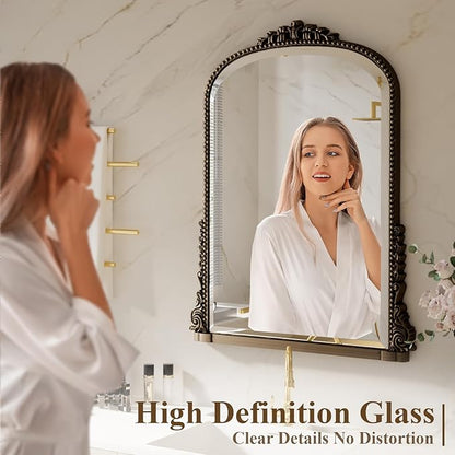 28"×40" Bronze Wide Arched Wall Mirror, Vintage Carving Bathroom Vanity Makeup Mirror, as Wall Decor Hanging Leaning for Fireplace Mantle, Living Room, Bedroom, Vanity Area