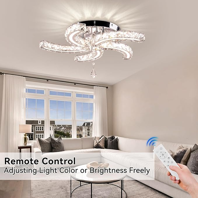 19.7" Dimmable Crystal Chandeliers Modern Crystal Ceiling Light Fixtures Acrylic 5 Arms Led Flush Mount Ceiling Light Lamp for Dining Room Living Room Bedroom Hallway Remote Control