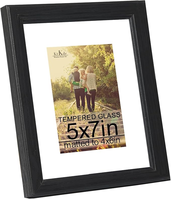KTKDE 5x7 Picture Frame, Photo Frame Black with Real Glass for Picture 4x6 photo with Mat or 5x7 photo without Mat, Composite Wood Picture Frames for Table Top and Wall best gift