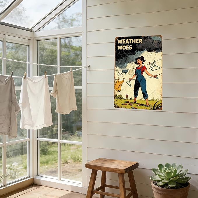 Weather Woes Laundry Tin Sign Vintage Metal Plaque Funny Sarcastic Retro Housewife Design Laundry Room Wall Art Kitchen Home Decor Rustic Farmhouse Gift 16x12 Inch