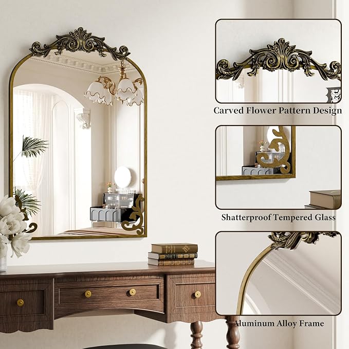 Koonmi Vintage Mirror, 22x30 Antique Barolon Mirror for Wall, Bronze Frame with Ornate Patterns, Flower Head, Shatter-Proof Tempered Glass Arched Decorative Mirrors for Bathroom