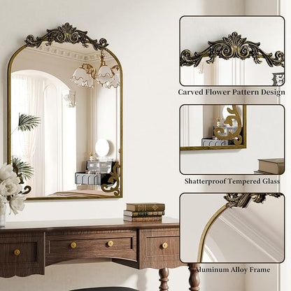 Koonmi Vintage Mirror, 22x30 Antique Barolon Mirror for Wall, Bronze Frame with Ornate Patterns, Flower Head, Shatter-Proof Tempered Glass Arched Decorative Mirrors for Bathroom