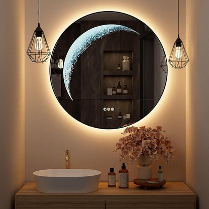 24'' Round Bathroom Mirror with Light, Black Circle Mirror with Backlit & Half Moon Light, Anti-Fog, Dimming Wall-Mounted LED Vanity Mirrors for Bathroom, Home Decor, Entryway