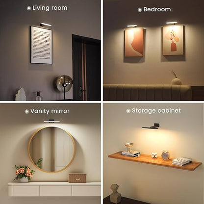 FULEN 2 Pack Picture Lights for Wall,Art Lights for Painting,Battery Operated Wall Sconce Rechargeable,LED Wall Light Cordless with Remote, Frame,Gallery,Dartboard Lights No-Drill,Black