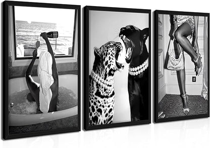 Framed Trendy Black and White Wall Art Set of 3, Fashionable Cheetah Wall Decor, Posters for Room Aesthetic, Modern Vintage Photography Model Canvas Prints for Living Room Bedroom – 12x16in