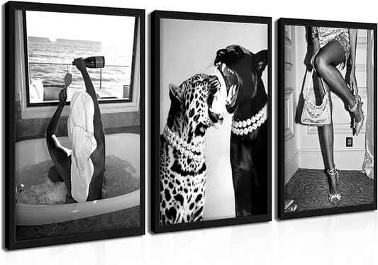 Framed Trendy Black and White Wall Art Set of 3, Fashionable Cheetah Wall Decor, Posters for Room Aesthetic, Modern Vintage Photography Model Canvas Prints for Living Room Bedroom – 12x16in