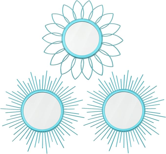 3 Pack Metal Mirrors for Wall Sunburst Wall Mirrors Home Décor Decorative Hanging Wall Art for Living Room Bedroom Entryway (Greenish Blue, Flower+Sunburst)