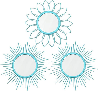 3 Pack Metal Mirrors for Wall Sunburst Wall Mirrors Home Décor Decorative Hanging Wall Art for Living Room Bedroom Entryway (Greenish Blue, Flower+Sunburst)