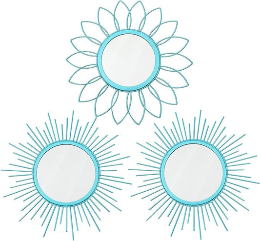 3 Pack Metal Mirrors for Wall Sunburst Wall Mirrors Home Décor Decorative Hanging Wall Art for Living Room Bedroom Entryway (Greenish Blue, Flower+Sunburst)