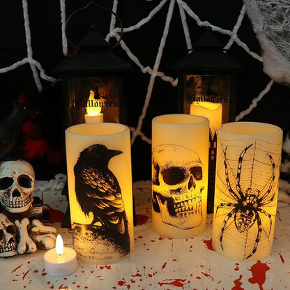Halloween Flameless Flickering Candles Battery Operated with 6 Hour Timer White Real Wax Spooky LED Pillar Candles Skull Spider Crown Decals Hallloween Indoor Decor(3 x 6 Inches)