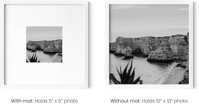 HAUS AND HUES 10x10 White Metal Frame Matted to 5x5 - Vertical & Horizontal Hanging, Shatterproof Plexiglass - Ideal for Home, Room, Office (10x10 in, White, Set of 1)