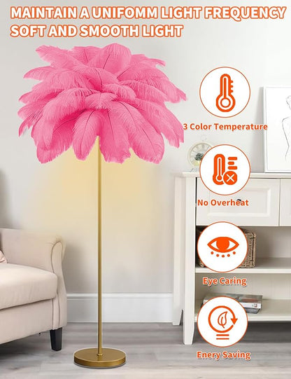 Feather Floor Lamp,Fluffy Ostrich Feather Floor Lamp for Bedroom,3 Color Temperatures Led Corner Modern Floor Lamps for Living Room Christmas Home Decor House Warming Gifts,63″ Height (Deep Pink)