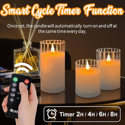 LEDHOLYT Rechargeable Flameless Glass Pillar Candles – Remote & Timer – Set of 3 White Stripes Realistic Flickering LED Light, Ideal for Living Room, Bedroom & Holiday Décor& Gifts for Women