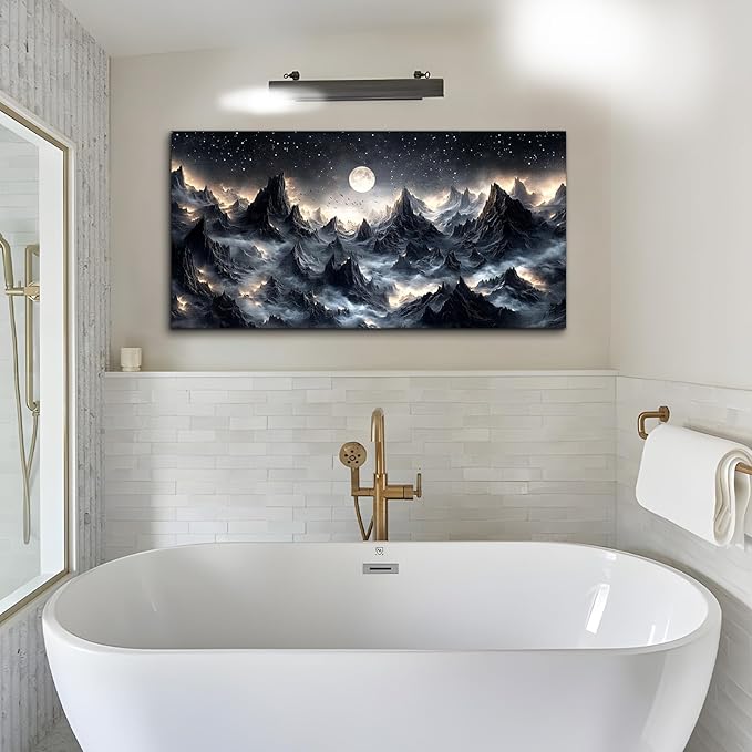 SERIMINO Large Wall Art for Living Room, Mountain Landscape Wall Decor, Fantasy Abstract Art Prints, Moonlit Night Black Canvas Painting, Cool Modern Pictures Home Decor for Bedroom 24"X48"