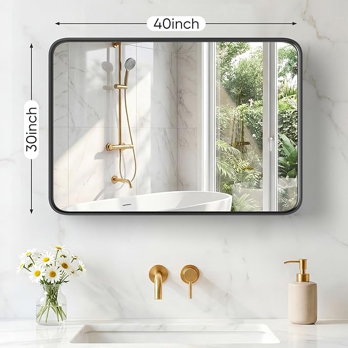 OLIXIS Bathroom Mirror for Over Sink, 30x40 Inch Wall Rounded Rectangle Mirror with Matte Metal Framed, Modern Wall Mount Vanity Mirror for Home Decor, Living Room, Bedroom, Black