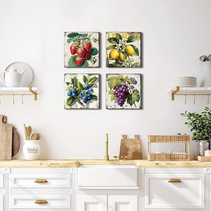 Vintage Fruit Wall Art for Kitchen Wall Decor Farmhouse Dining Room Pictures Rustic Lemon Strawberry Canvas Paintings Colorful Fruits Theme Prints Blueberry Grape Poster Artwork Decorations 12x12” 4P