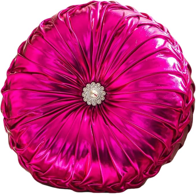 Round Throw Pillows, Soft Spandex Fabric Pumpkin Pleated Handmade Metallic Decorative Throw Pillows Floor Pillows Cushion for Sofa Couch Bedroom Living Room Chair, Rose Red ﻿