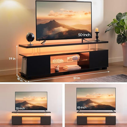 Cubehom Black TV Stand 65 inch,LED TV Stand for Living Room,Glass Entertainment Center TV Stand, TV Console Tables for Living Room,Bedroom,Home Office