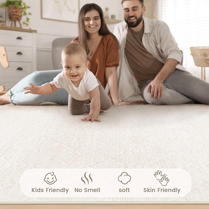 8x10 Area Rug Living Room: Washable Boho Geometric Moroccan Rug Neutral Modern Farmhouse Indoor Soft Non Slip Ultra Thin Large Printed Pattern Carpet for Bedroom Home Office (Beige, 8'x10')