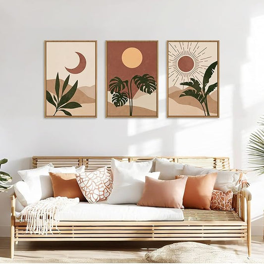 KAIRNE Vintage Sun and Moon Framed Canvas Wall Art Set,Boho Desert Botanical Wall Decor,Abstract Green Terracotta Art Prints,Retro Minimalist Artwork for Living Room,Bedroom,Farmhouse,Office-16"x24"x3