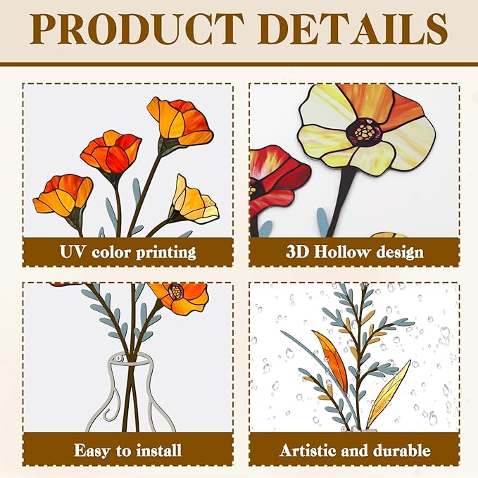Tumwisk 3 Pieces Metal Flowers Wall Arts - Minimalist Orange Flower Wall Decor for Rustic Farmhouse Kitchen Bedroom Living Room Vintage Decorative Floral Art Housewarming Gifts