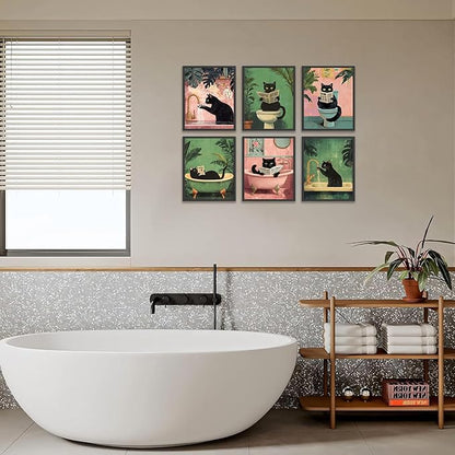 KBKBART Funny Cat Bathroom Wall Art Prints Poster, Black Cat Pictures Bathroom Canvas Wall Decor Toilet Art Vintage Painting Artwork Set of 6 Unframed Posters, 8x10 inches
