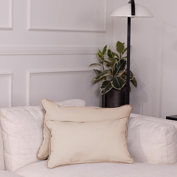 FDP 12" x 20" Velvet and Vinyl Rectangle Lumbar Pillow Set with Piping Decorative Throw Pillow for Home Dcor in Living Room, Bedroom or Lounge (2-Pack) - Beige, 15163-340