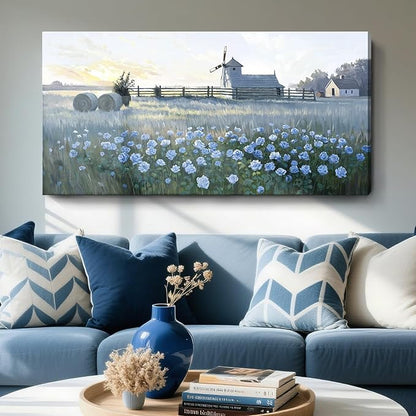 Large Framed Rustic Farmhouse Wall Art, Blue Flower Field Windmill Landscape Canvas Print, Modern Nature Country Decor Painting For Living Room Bedroom Bathroom Home Office, Ready To Hang 48X24 Inch