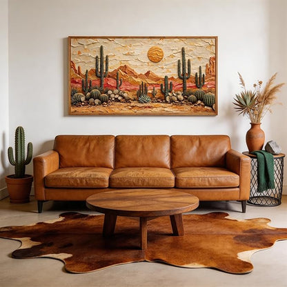 Aurlan Boho Cactus Arizona Desert Landscape Framed Wall Art(40"x20"), 3D Textured Orange Green Sunset Nature Canvas Artwork, Large Abstract Vintage Southwestern Aztec Mexican Succulent Painting Decor for Home Office Living Room Bedroom
