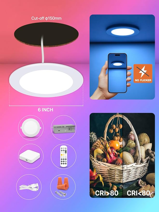 12Pack 6Inch Smart LED RGB Recessed Lighting ,Color Changing Canless Downlight,2700K-6500K, 2.4GHz Wi-Fi & Bluetooth,12W 2640lm,Works with Tuya App,Alexa & Google Assistant,Gateway Included